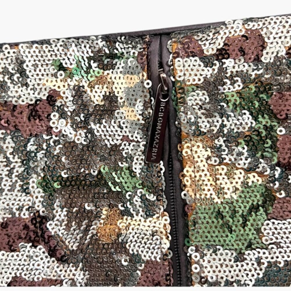 BCBGMAXAZRIA Sequin Camo Foldover Clutch Wallet Green Gold Brown Black Large NYE - Picture 6 of 9